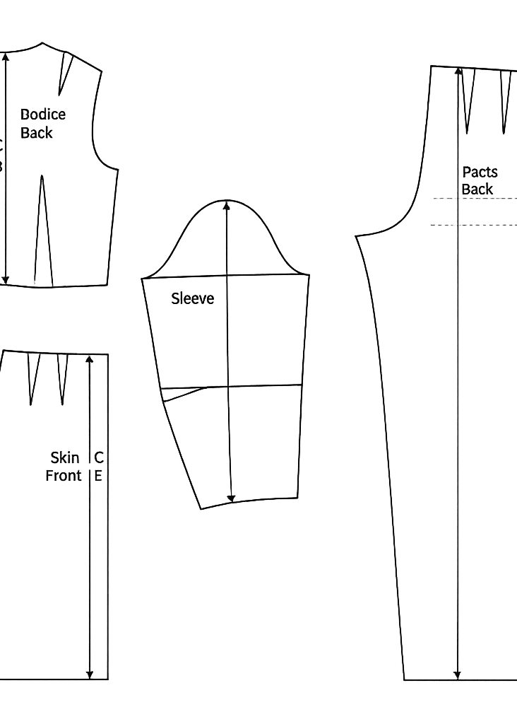 Set of fashion design patterns including front and back views of a garment with labeled parts.