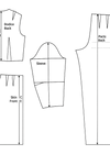 Set of fashion design patterns including front and back views of a garment with labeled parts.
