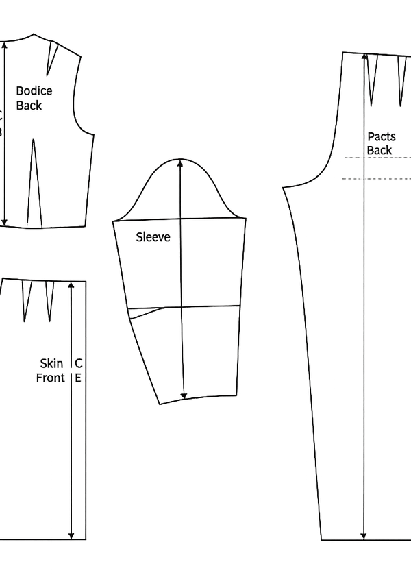 Set of fashion design patterns including front and back views of a garment with labeled parts.