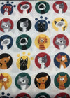 Pattern of cartoon cats in various colors on a white background