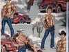 Fabric with cowboy-themed design featuring shirtless men, red trucks, and cacti.