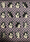 Pattern of black and white cat faces on a gray background with pink polka dots