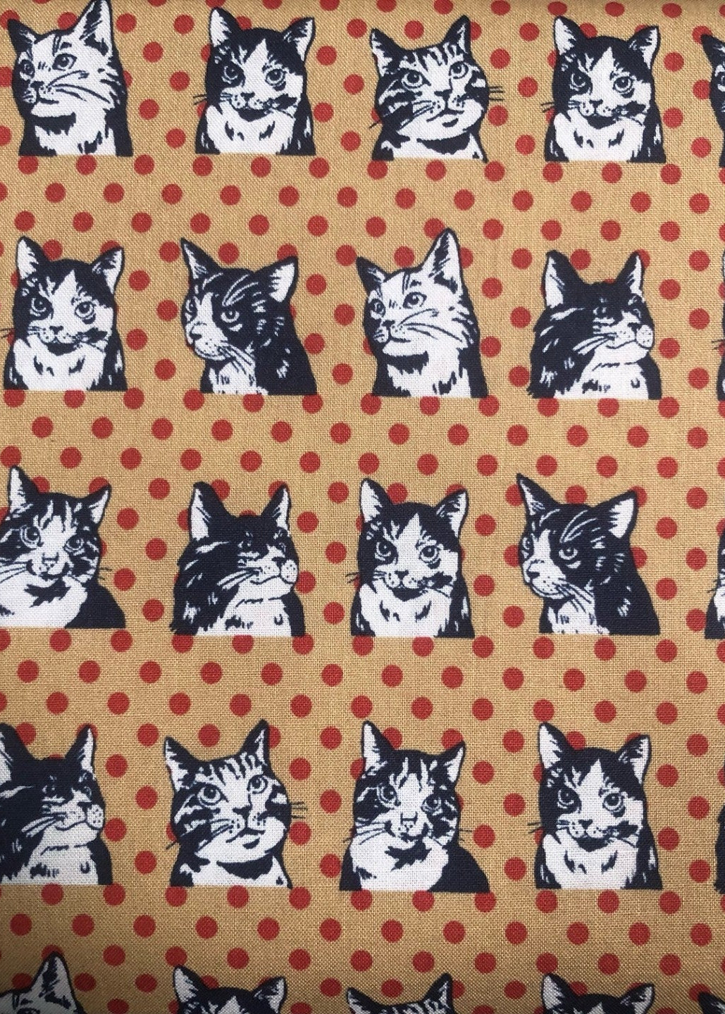 Pattern of black cat faces on a brown background with red polka dots