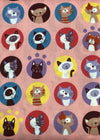 Pattern of cartoon cats in various colors on a pink background
